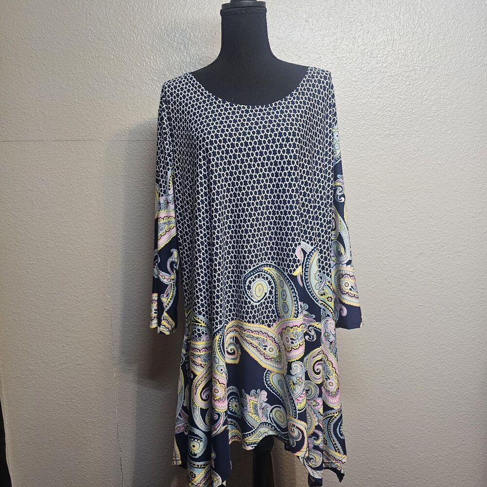 White Mark 3XL Navy Paisley Geometric Print Dress 3/4 Sleeve Plus Sz Boho HH230